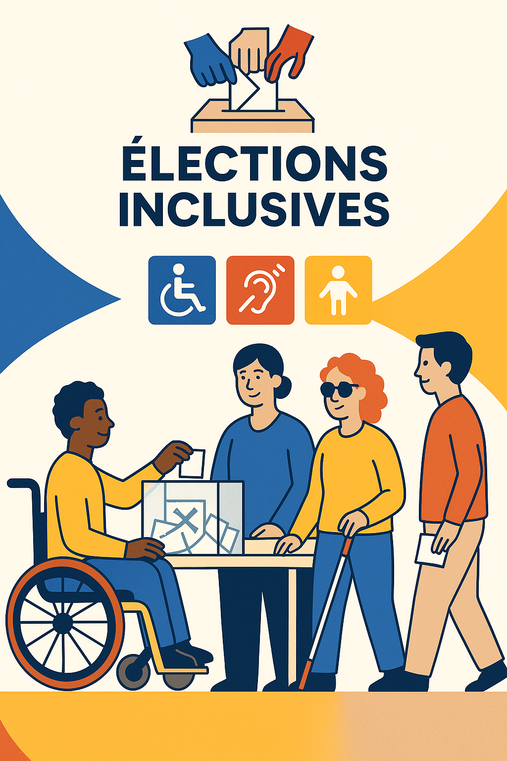 Scène de personnes diverses en train de voter, incluant une personne en fauteuil et une personne avec une canne blanche